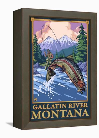 Fly Fishing Scene, Gallatin River, Montana-Lantern Press-Framed Stretched Canvas