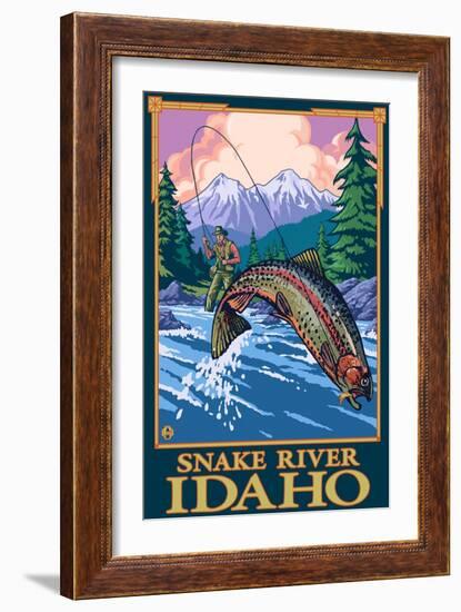Fly Fishing Scene, Snake River, Idaho-Lantern Press-Framed Premium Giclee Print