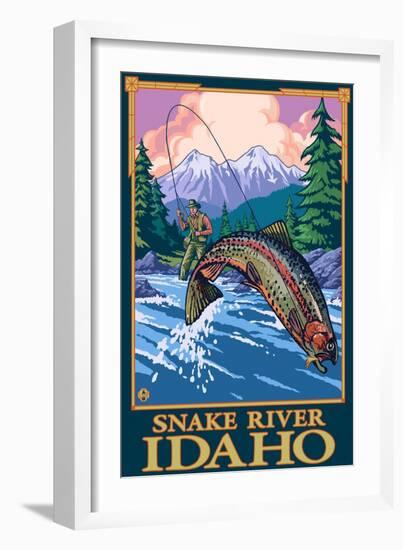 Fly Fishing Scene, Snake River, Idaho-Lantern Press-Framed Premium Giclee Print