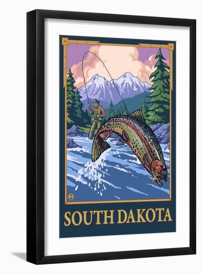 Fly Fishing Scene - South Dakota-Lantern Press-Framed Art Print