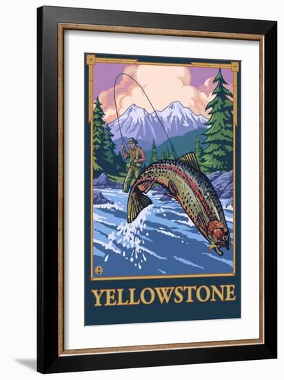 Fly Fishing Scene, Yellowstone National Park-Lantern Press-Framed Art Print