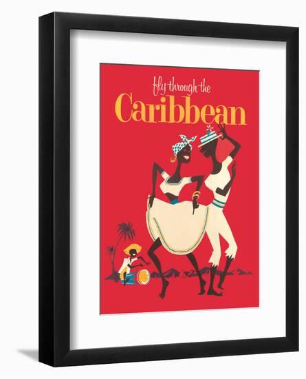 Fly through the Caribbean - Calypso Dancers and Conga Drummer-Pacifica Island Art-Framed Art Print