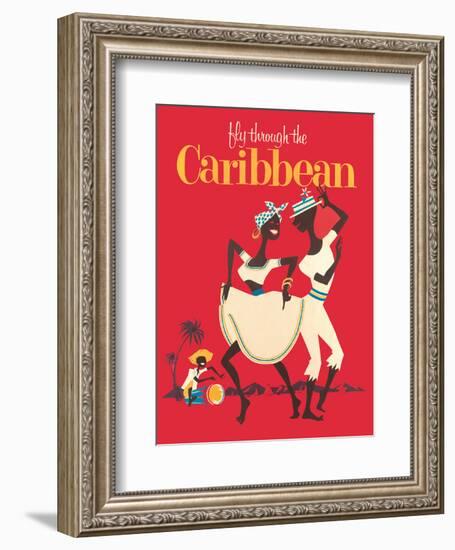 Fly through the Caribbean - Calypso Dancers and Conga Drummer-Pacifica Island Art-Framed Art Print