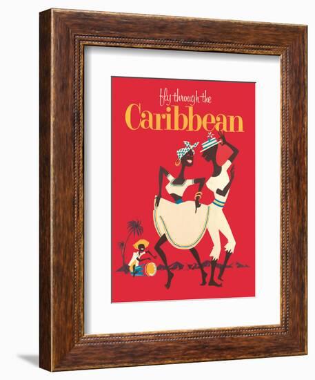 Fly through the Caribbean - Calypso Dancers and Conga Drummer-Pacifica Island Art-Framed Art Print