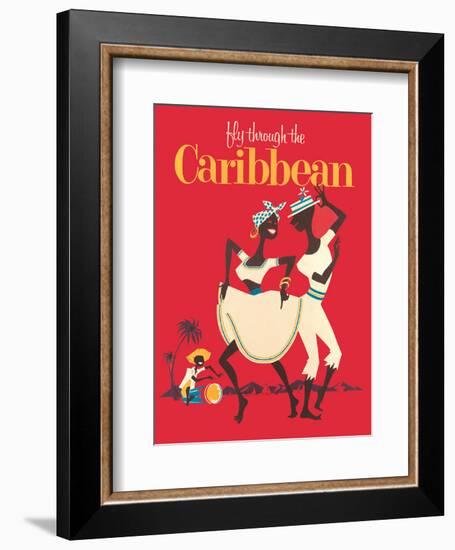 Fly through the Caribbean - Calypso Dancers and Conga Drummer-Pacifica Island Art-Framed Art Print