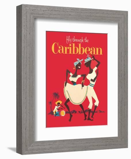 Fly through the Caribbean - Calypso Dancers and Conga Drummer-Pacifica Island Art-Framed Art Print