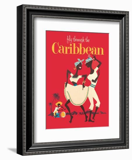 Fly through the Caribbean - Calypso Dancers and Conga Drummer-Pacifica Island Art-Framed Art Print