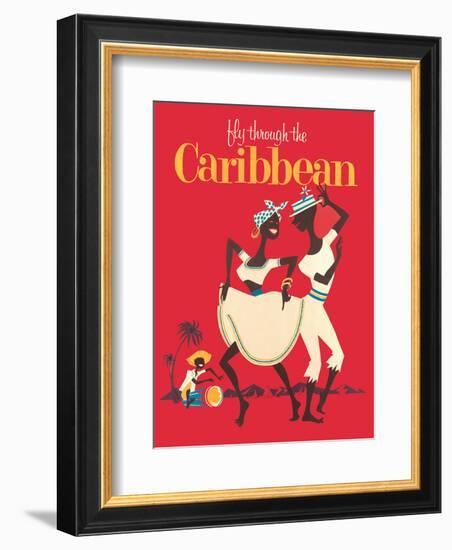 Fly through the Caribbean - Calypso Dancers and Conga Drummer-Pacifica Island Art-Framed Art Print