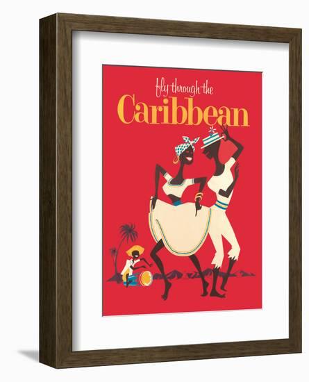 Fly through the Caribbean - Calypso Dancers and Conga Drummer-Pacifica Island Art-Framed Art Print