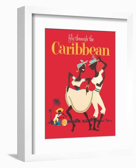 Fly through the Caribbean - Calypso Dancers and Conga Drummer-Pacifica Island Art-Framed Art Print