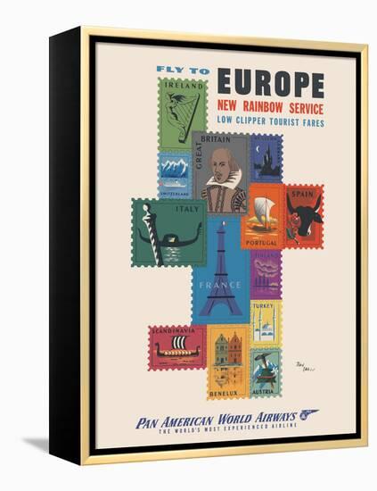 Fly to Europe - Pan American World Airways - Vintage Airline Travel Poster, 1952-Jean Carlu-Framed Stretched Canvas