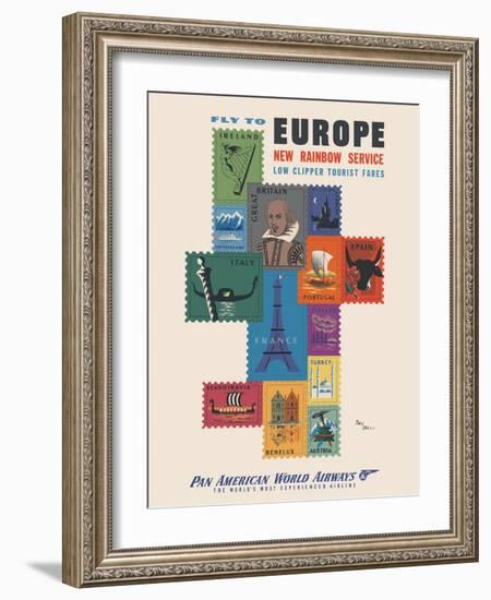 Fly to Europe - Pan American World Airways - Vintage Airline Travel Poster, 1952-Jean Carlu-Framed Art Print