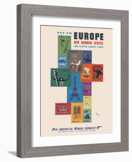 Fly to Europe - Pan American World Airways - Vintage Airline Travel Poster, 1952-Jean Carlu-Framed Art Print