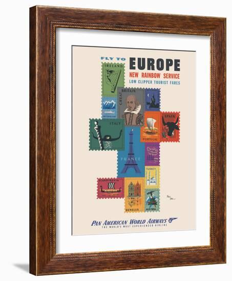 Fly to Europe - Pan American World Airways - Vintage Airline Travel Poster, 1952-Jean Carlu-Framed Art Print