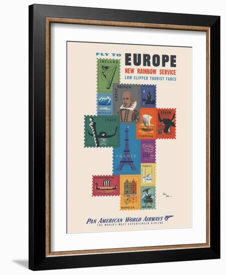 Fly to Europe - Pan American World Airways - Vintage Airline Travel Poster, 1952-Jean Carlu-Framed Art Print