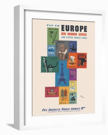 Fly to Europe - Pan American World Airways - Vintage Airline Travel Poster, 1952-Jean Carlu-Framed Art Print