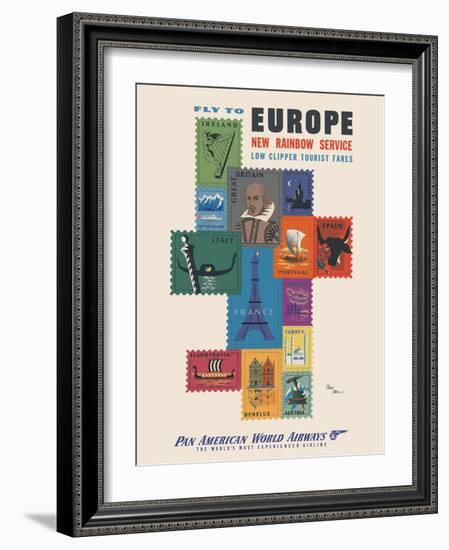 Fly to Europe - Pan American World Airways - Vintage Airline Travel Poster, 1952-Jean Carlu-Framed Art Print