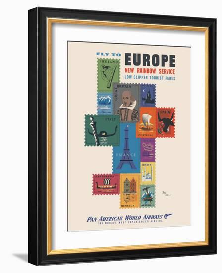 Fly to Europe - Pan American World Airways - Vintage Airline Travel Poster, 1952-Jean Carlu-Framed Art Print