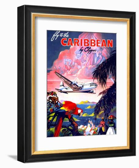 "Fly to the Caribbean by Clipper" Vintage Travel Poster-Piddix-Framed Art Print