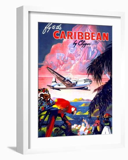 "Fly to the Caribbean by Clipper" Vintage Travel Poster-Piddix-Framed Art Print