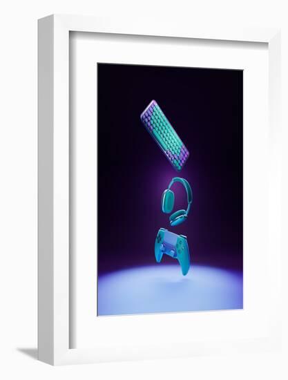 Flying Keyboard, Headphones and Game Controller, 3D Rendering. Gaming Devices on a Neon Background.-DaryaDanik-Framed Photographic Print