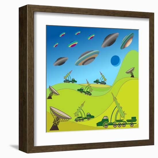 Flying Plates of Aliens are Attacking the Earth-qiiip-Framed Art Print