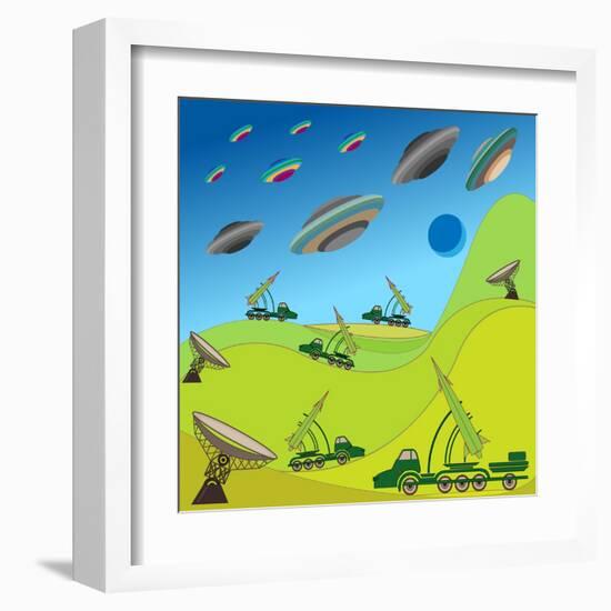 Flying Plates of Aliens are Attacking the Earth-qiiip-Framed Art Print