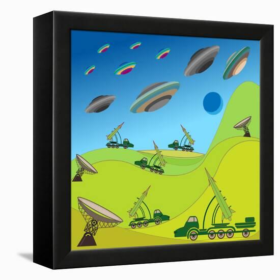 Flying Plates of Aliens are Attacking the Earth-qiiip-Framed Stretched Canvas