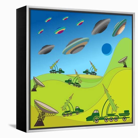 Flying Plates of Aliens are Attacking the Earth-qiiip-Framed Stretched Canvas