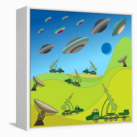 Flying Plates of Aliens are Attacking the Earth-qiiip-Framed Stretched Canvas