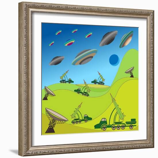 Flying Plates of Aliens are Attacking the Earth-qiiip-Framed Art Print