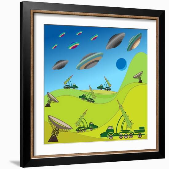 Flying Plates of Aliens are Attacking the Earth-qiiip-Framed Art Print