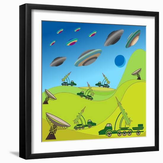 Flying Plates of Aliens are Attacking the Earth-qiiip-Framed Art Print