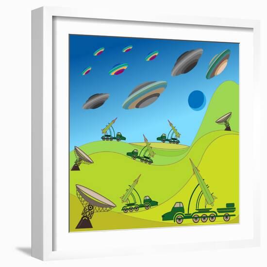 Flying Plates of Aliens are Attacking the Earth-qiiip-Framed Art Print