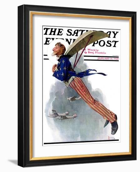 "Flying Uncle Sam" Saturday Evening Post Cover, January 21,1928-Norman Rockwell-Framed Premium Giclee Print