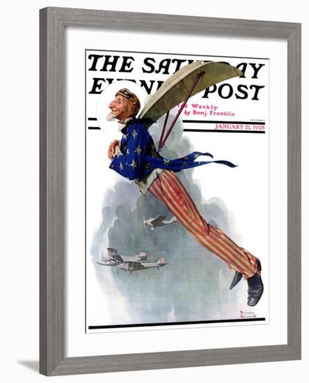 "Flying Uncle Sam" Saturday Evening Post Cover, January 21,1928-Norman Rockwell-Framed Giclee Print