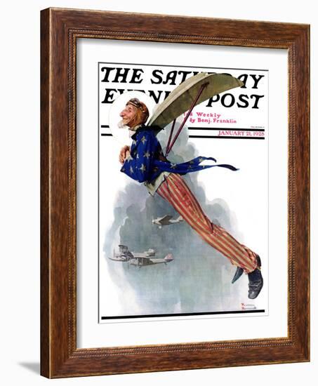 "Flying Uncle Sam" Saturday Evening Post Cover, January 21,1928-Norman Rockwell-Framed Giclee Print
