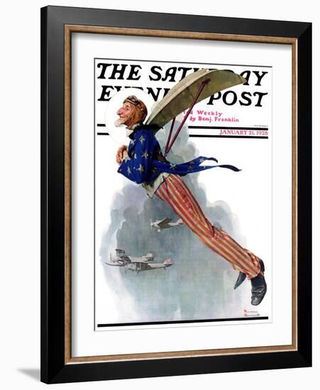 "Flying Uncle Sam" Saturday Evening Post Cover, January 21,1928-Norman Rockwell-Framed Giclee Print