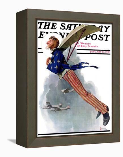 "Flying Uncle Sam" Saturday Evening Post Cover, January 21,1928-Norman Rockwell-Framed Premier Image Canvas