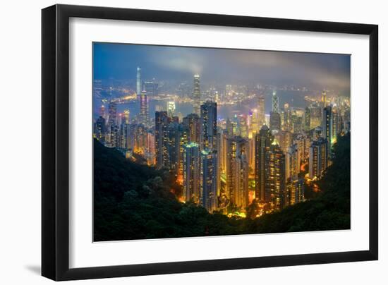 Fog envelops Hong Kong on a summer night seen from Victoria Peak, Hong Kong, China, Asia-Logan Brown-Framed Photographic Print