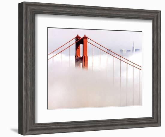 Fog Swirls and Covers All of Golden Gate Bridge Save the North Tower and the Tips of Skyscrapers--Framed Photographic Print