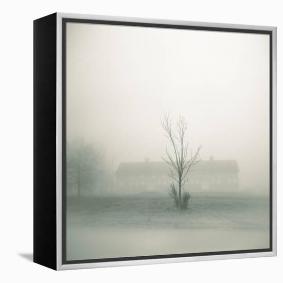 Foggy Morning Scene with Barn-Kevin Cruff-Framed Premier Image Canvas