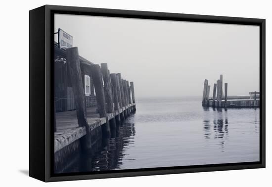 Foggy view of the docks at the ferry at Ocean Beach Fire Island NY-null-Framed Stretched Canvas