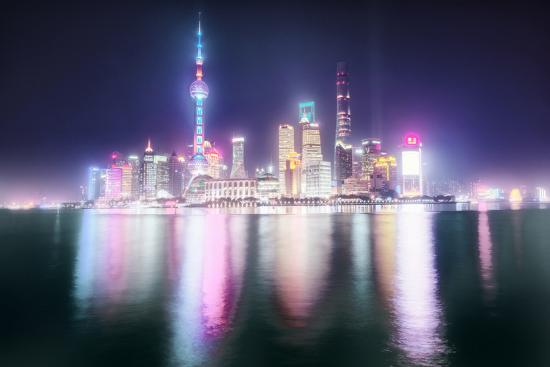 Foggy Yet Colorful Skyline Of Shanghai Pudong At Night Shanghai China Asia Photographic Print By Andreas Brandl Art Com