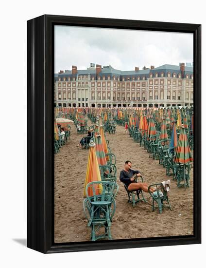 Folded Umbrellas Reflect Nearly Deserted Status of Mar Del Plata Beach-Leonard Mccombe-Framed Premier Image Canvas