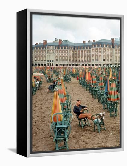 Folded Umbrellas Reflect Nearly Deserted Status of Mar Del Plata Beach-Leonard Mccombe-Framed Premier Image Canvas