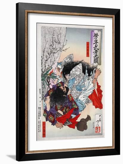 Folk Hero Yamato Takeru no Mikoto Attacking another Man, Japanese Wood-Cut Print-Lantern Press-Framed Art Print