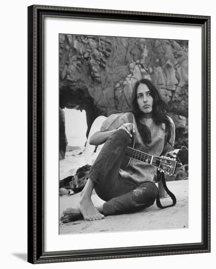 Folk Singer Joan Baez on the Beach with Guitar Near Her Home-Ralph Crane-Framed Premium Photographic Print