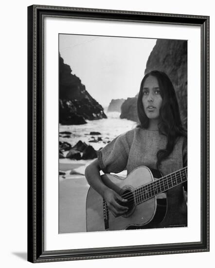 Folk Singer Joan Baez on the Beach with Guitar Near Her Home-Ralph Crane-Framed Premium Photographic Print