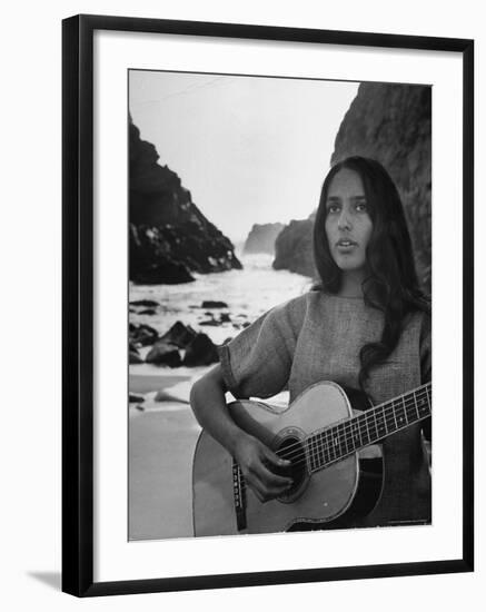 Folk Singer Joan Baez on the Beach with Guitar Near Her Home-Ralph Crane-Framed Premium Photographic Print